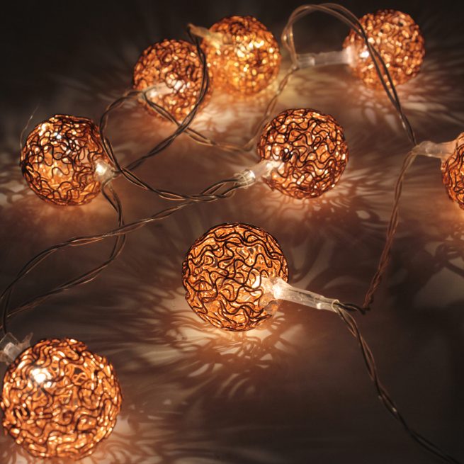 10 LED Rose Gold Woven Copper Ball String Lights – Battery Operated